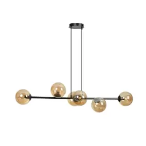 Image of Rossi Black Globe Pendant Ceiling Light with Amber Glass Shades, 6x E14