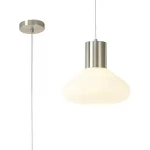 image of Luminosa Wide Pendant, 1 x E27, Satin Nickel, Opal Glass & Clear Twisted Cable