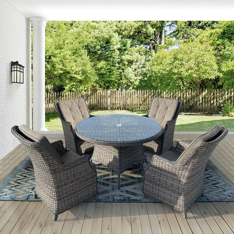 Image of FURNITURE ONE 5 Pieces Aluminum Frame Outdoor Rattan Dining Set with Tempered Glass Top Table in Natural Size: 1 Pack Natural Unisex 1 Pack