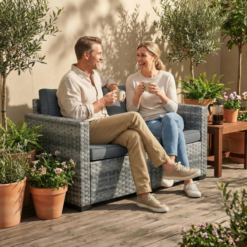 Image of OUTSUNNY 2 Seater Rattan Garden Sofa with Deep Seat, Wide Arms, Mixed Grey Grey Unisex 2 Seater