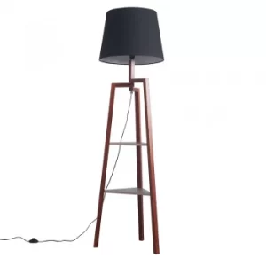 image of Towa Dark Wood Tripod Floor Lamp with Shelves and XL Black Aspen Shade