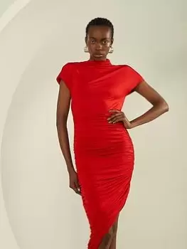 Image of Karen Millen Slinky Ruched Asymetric Midi Dress - Red, Size S, Women