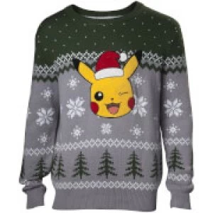 image of Pokemon Pikachu Application Christmas Knitted Jumper - Green - XL