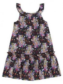 Image of Mintie by Mint Velvet Girls Tiger Print Sleeveless Woven Dress - Charcoal, Size 9-10 Years, Women