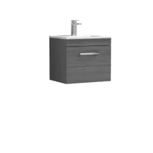 image of Nuie Athena 500 Wall Hung Single Drawer Vanity & Minimalist Basin - Grey Woodgrain