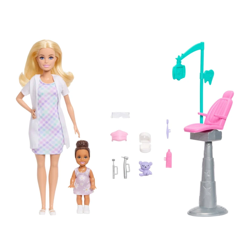 Image of Barbie Careers Dentist Playset with Blonde Doll Wearing White Coat Toddler Small Doll Examination Chair & Accessories JMK14