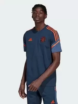 Image of Adidas Mens Manchester United 22/23 3 Stripe Player Tee, Navy Size M Men