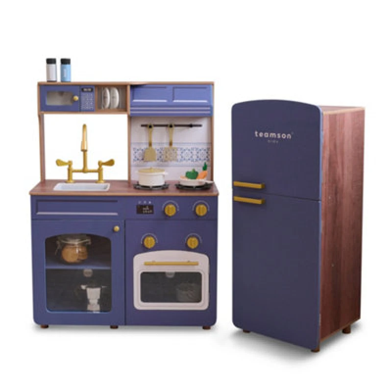Image of Teamson Kids Wooden Play Kitchen with Modular Fridge, Sink & 14 Accessories in Blue Blue Unisex