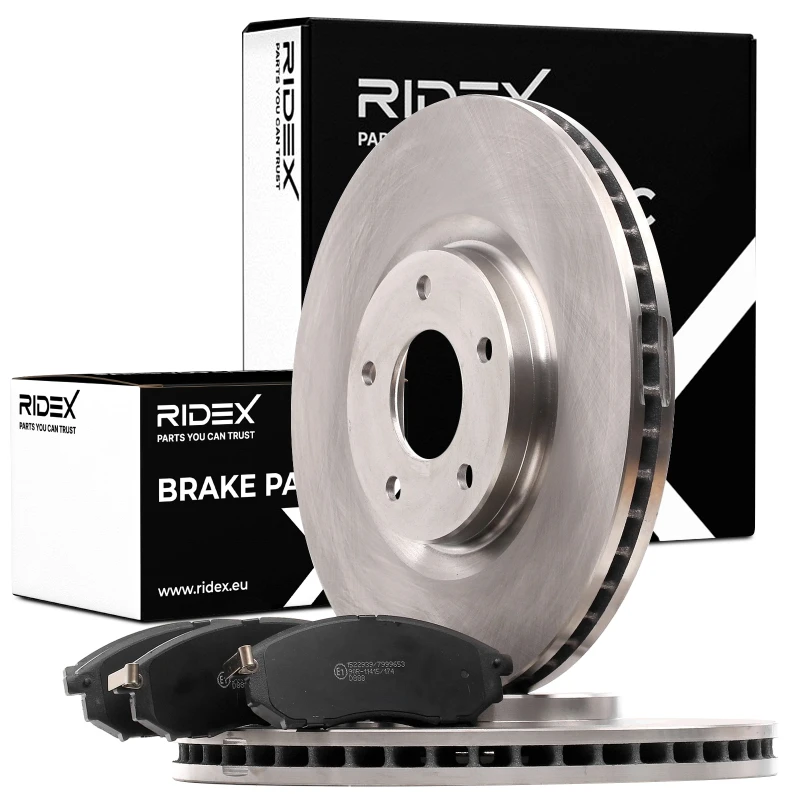 Image of RIDEX 3405B1008 Brake disc and pads set Front Axle, Brake Disc Type: internally vented, with acoustic wear warning Brake Set,disc brakes (3405)