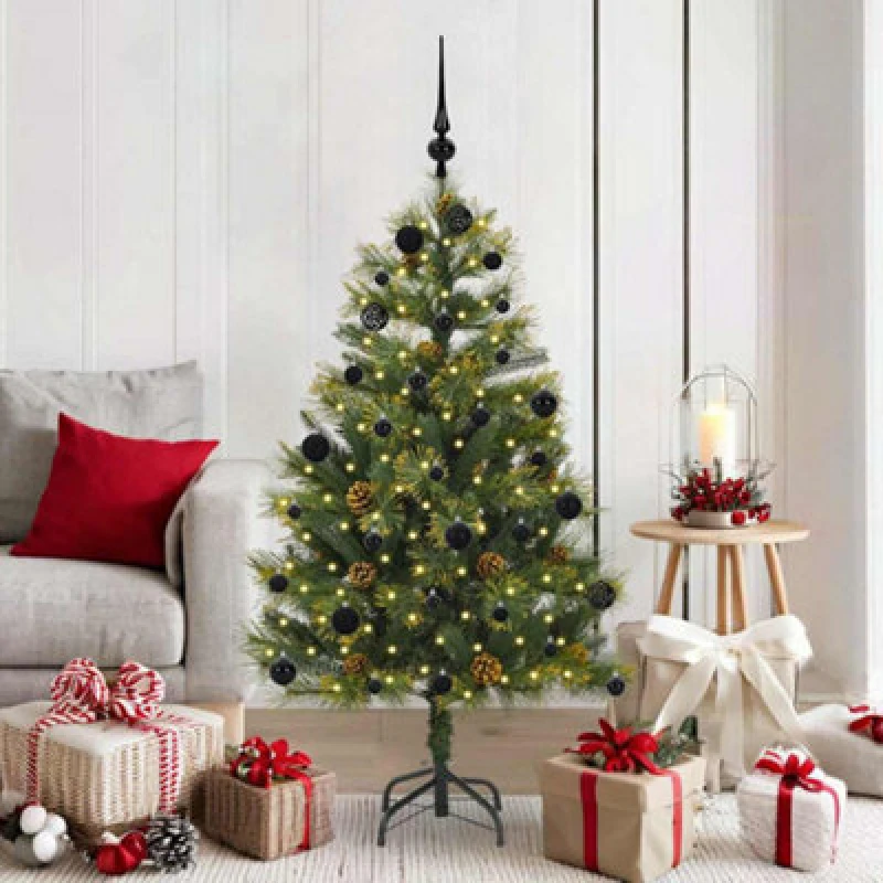 Image of vidaXL Artificial Hinged Christmas Tree with Cones, Black Balls Green 150 cm, Green 3395081