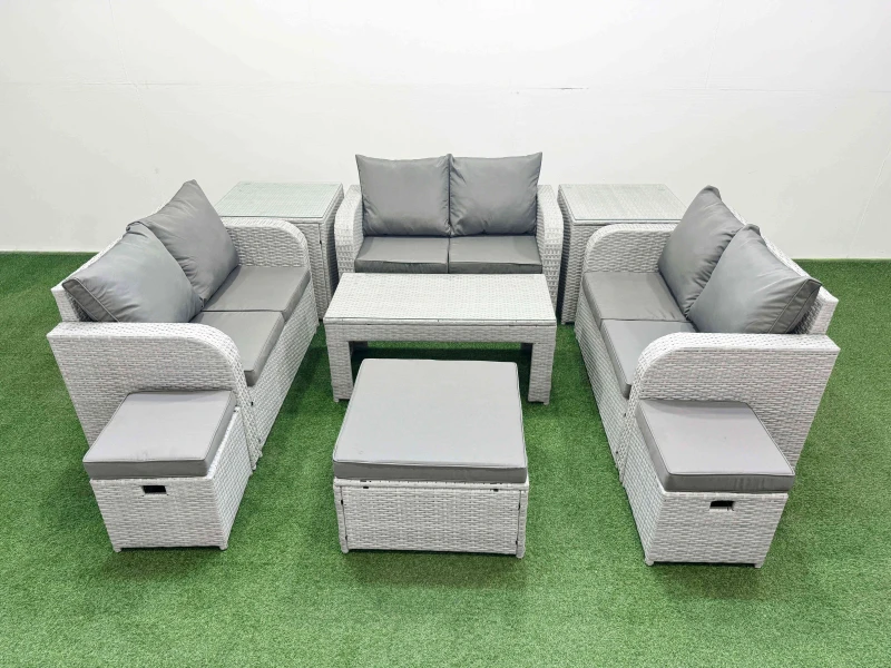Image of Fimous 9 Seater PE Wicker Rattan Furniture Sofa Sets with Oblong Coffee Table 2 Seater Love Sofa 3 Stool 2 Side Table Light Grey Light Grey