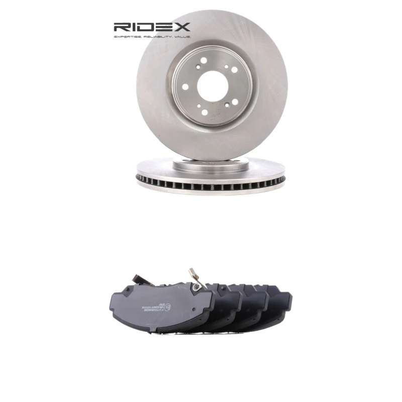 Image of RIDEX 3405B2984 Brake disc and pads set Front Axle, Brake Disc Type: Vented, with acoustic wear warning Brake Set,disc brakes (3405)
