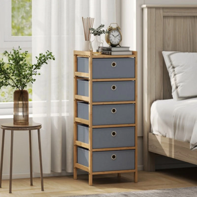 Image of Homcom Chest Of Drawers, 5 Drawers Dresser With Bamboo Frame, Light Grey