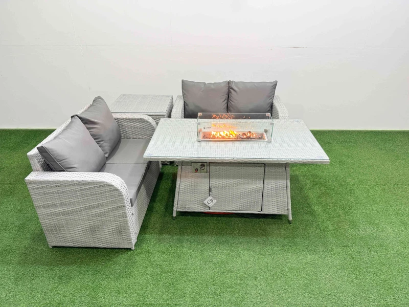 Image of Fimous 4 Seater Outdoor Love Sofa Set Rattan Garden Furniture Set with Firepit Dining Table Side Table Light Grey Light Grey