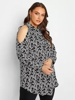 Image of Yours Cold Shoulder Shirt Mono Geo, Black, Size 16, Women