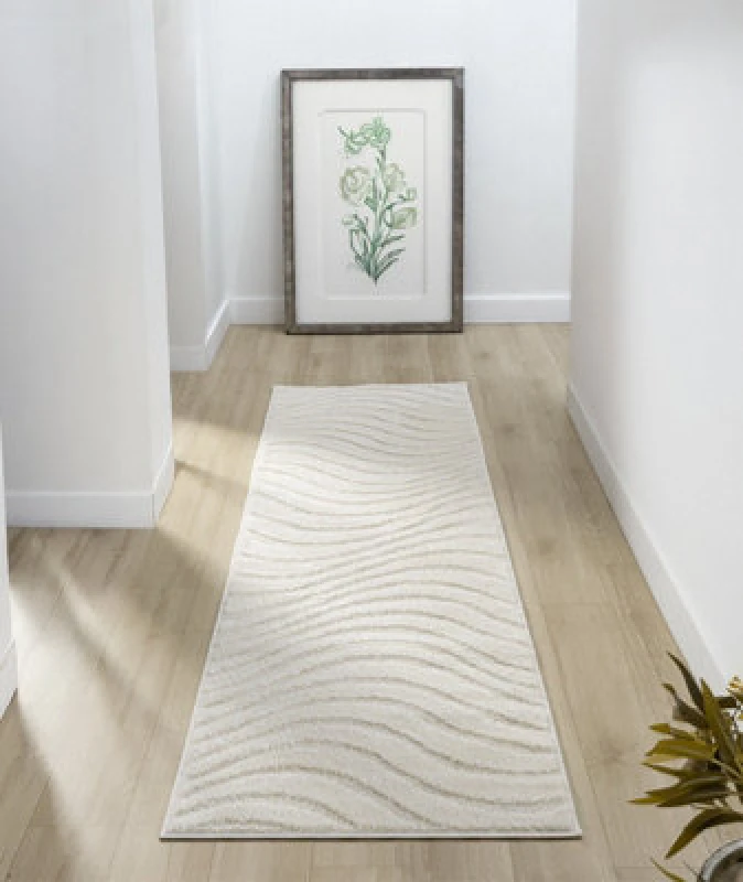 Image of Aya Living Room Area Rugs - Embossed Waves Design Cream 60Cm X 220Cm
