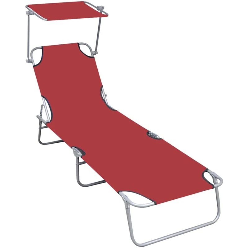 Image of vidaXL Folding Sun Lounger with Canopy Red Aluminium Garden Camping Bed Chair