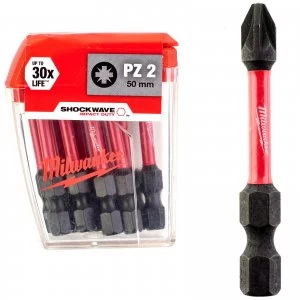 image of Milwaukee Shockwave Impact Pozi Screwdriver Bit PZ2 50mm Pack of 10