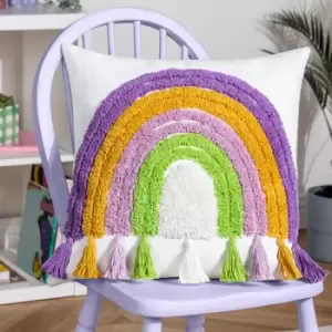 image of Rainbow Tassels Cotton Tufted Cushion Multicolour, Multicolour / 45 x 45cm / Polyester Filled