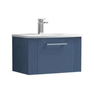 image of Nuie Deco Satin Blue 600mm Wall Hung Single Drawer Vanity Unit with 30mm Curved Profile Basin - DPF394G - Satin Blue