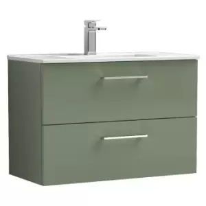 image of Arno Satin Green 800mm Wall Hung 2 Drawer Vanity Unit with 18mm Profile Basin - ARN826B - Satin Green - Nuie