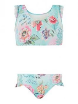 image of Monsoon Girls S.E.W. Floral Print Frill Bikini - Turquoise