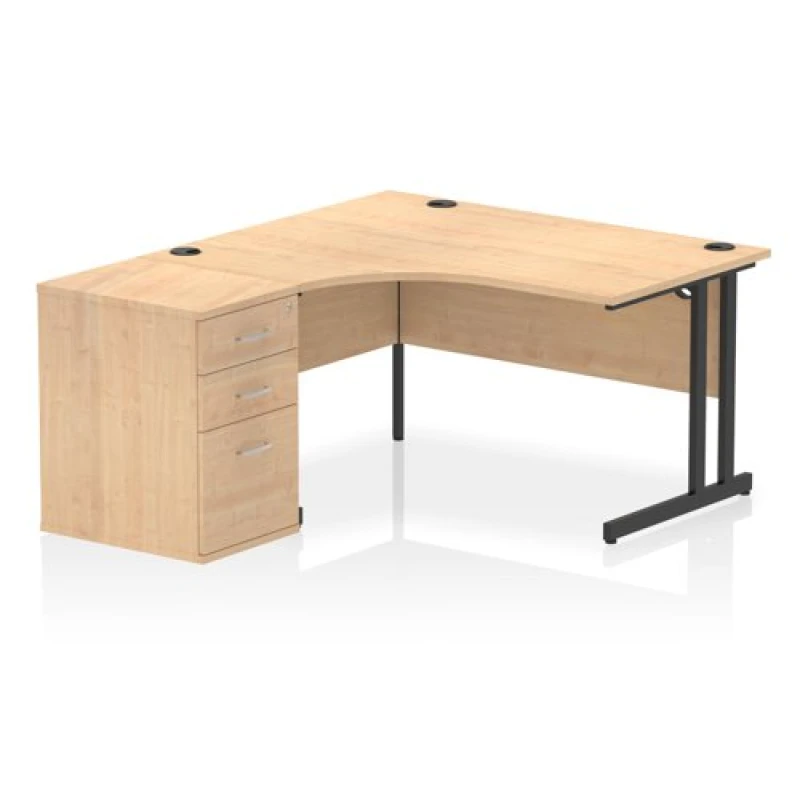 Image of Impulse Impulse 1400mm Left Crescent Office Desk Maple Top Black Cantilever Leg Workstation 600 Deep Desk High Pedestal IWSLC146BCMPE