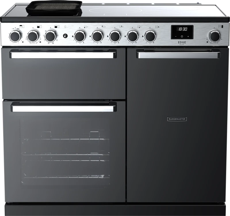 Image of Rangemaster Edge Deluxe EDDL100EIGBLK/CM1 100cm Electric Range Cooker with Induction Hob - Black Glass / Chrome - A/A Rated