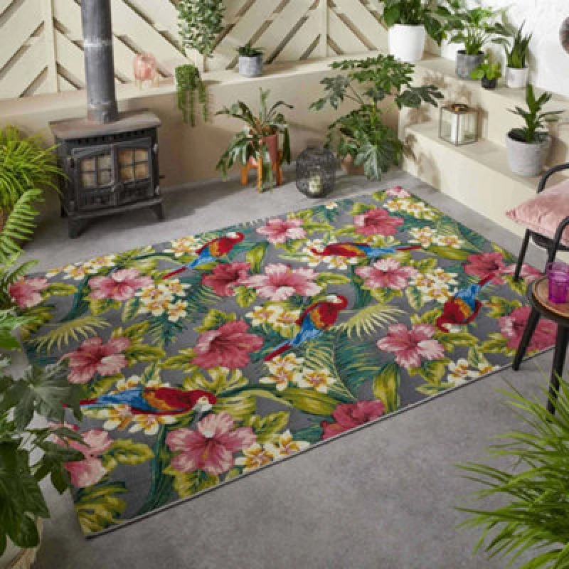 Image of Melrose Modern Style Rugs Floral Parrot Animal Print Non-Slip Indoor/outdoor Area Rug 160/235Cm