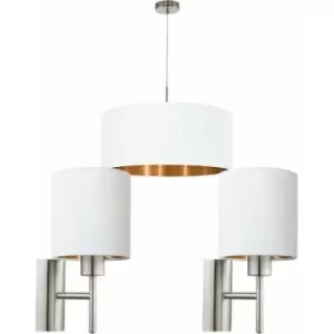 Image of Ceiling Pendant Light & 2x Matching Wall Lights Satin Nickel White Copper Shade