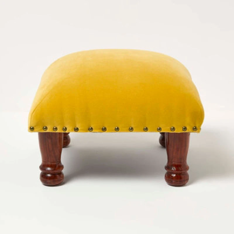 Image of Homescapes Mable Velvet Square Footstool Mustard