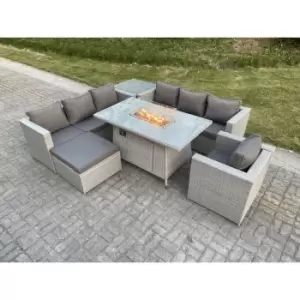 Image of Fimous 7 Seater Outdoor Light Grey Rattan Fire Pit Lounge Complete Sofa Set with Gas Heater and Big Footstool