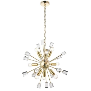 image of Miro 9 Light Ceiling Pendant Satin Brass & Clear Crystal Glass, E14