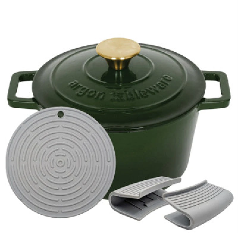 Image of Argon Tableware Round Cast Iron Casserole Dish - 2.8L Green Enamel Finish, Oven Safe Dutch Oven Cookware With Lid