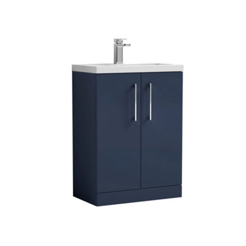 Image of Nuie Hudson Reed Arno Compact Floor Standing 2 Door Vanity Unit With Ceramic Basin, Durable Modern Vanity Unit In Midnight Blue, 600mm