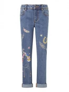 Image of Monsoon Girls Unicorn Embroidered Jean - Blue, Size Age: 9 Years, Women