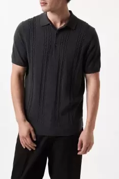 Image of Mens Pure Cotton Charcoal Short Sleeve Cable Knitted Polo Shirt