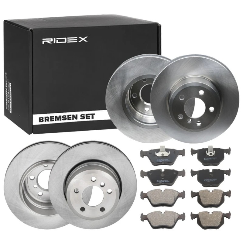 Image of RIDEX 3405B1732 Brake disc and pads set Rear Axle, Brake Disc Type: Externally Vented, prepared for wear warning indicator, with piston clip Brake Se