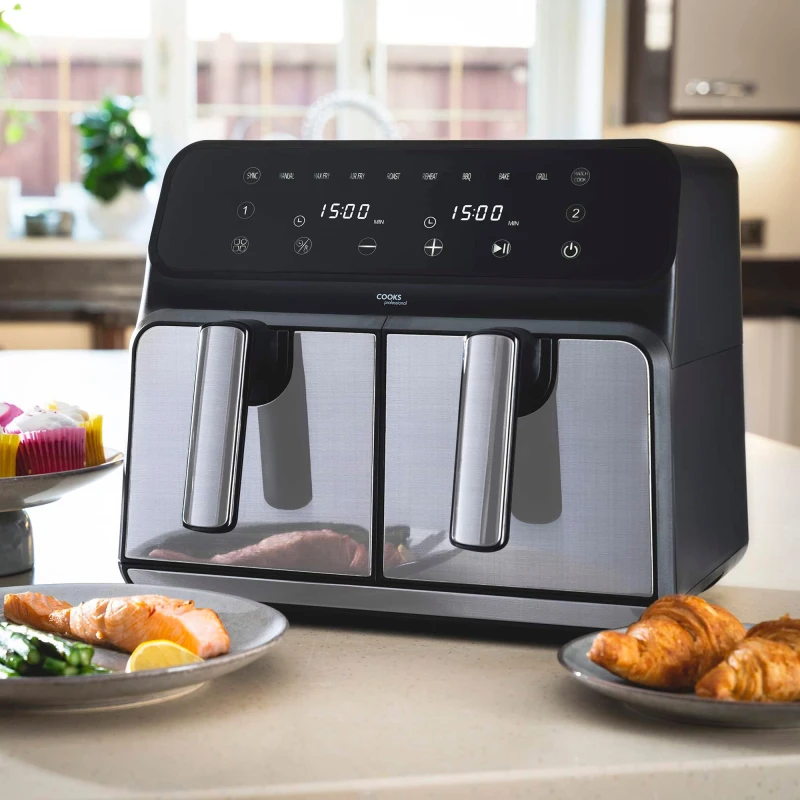 Image of Cooks Professional Air Fryer Dual Digital 8L XL 2400W Timer Double Drawers Healthy Cooker Black