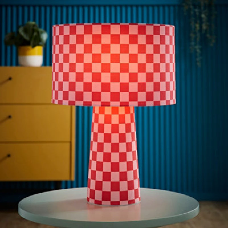 Image of ValueLights ValueLights Pritchard Pink Checkerboard Shade Full Fabric Table Lamp with LED Bulb in Bright Pink Bright Pink One Size Unisex 505940606610