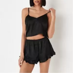 image of Missguided Satin Cami Frill Detail Pyjama Set - Black