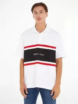 Image of Tommy Jeans Colourblock Linear Rugby, White, Size 2XL, Men