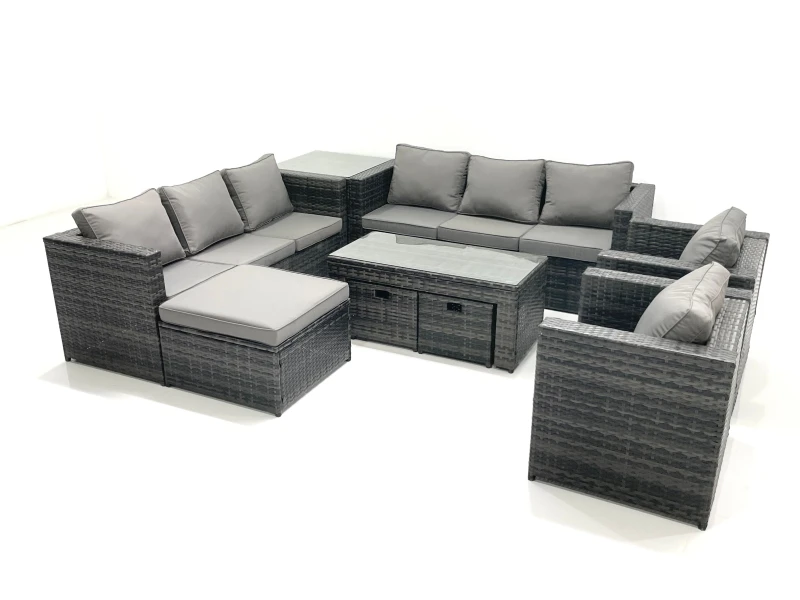 Image of Fimous Rattan Garden Furniture Sofa Set with Coffee table Armchair Side Table 3 Footstools Dark Grey Mixed Dark Grey