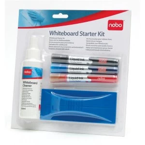 image of Nobo Whiteboard Starter Kit Includes 3 Drymarkers BlackBlueRed An Eraser Eraser Refills and 125ml Cleaning Fluid