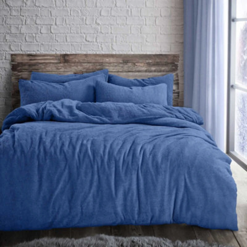 Image of Velosso Plain Teddy Warm And Cosy Duvet Cover And Pillowcase Set - Blue