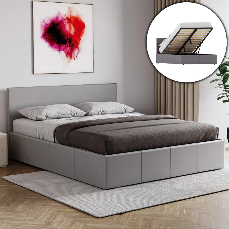 Image of Lassic Lisbon King Ottoman Faux Leather Bed & Mattress Grey unisex King Size