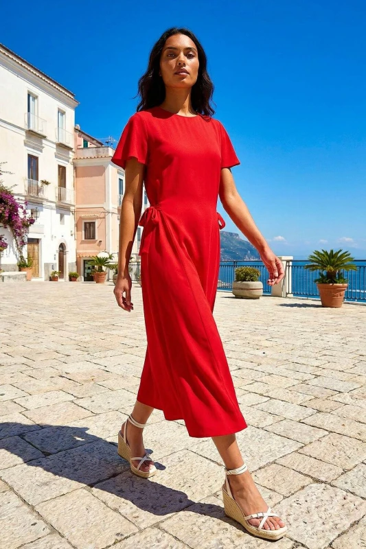Image of Roman Womens Side Tie Detail Midi Dress in Red Size: 18 Red Female 18