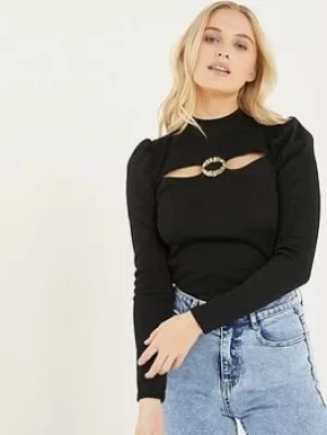 Image of Quiz Ribbed Puff Sleeve Top, Light Pink, Size 8, Women
