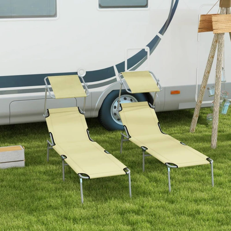 Image of Outsunny Outsunny Folding Sun Lounger Set of 2 w/ Sunshade Adjustable Backrest Beige 5056725509996