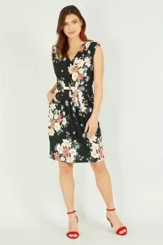 Image of Black Floral Jersey Pocket Dress With Gold Bar Detail